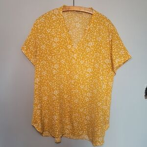 Timeson Women's V-Neck Yellow Floral Short Sleeve‎ Blouse Size XXL